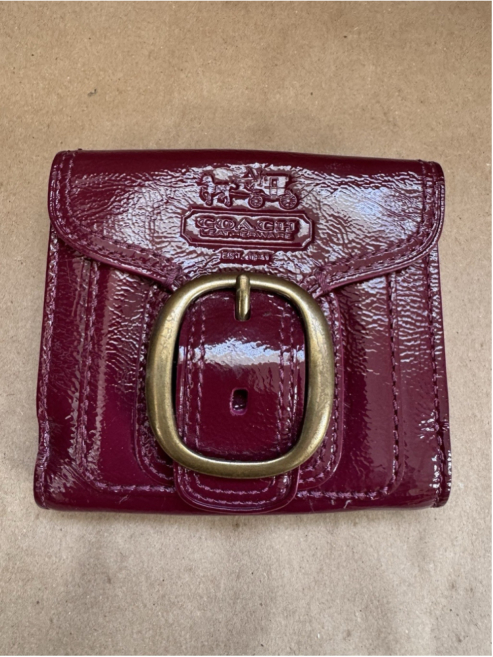 Y2K Coach Bleecker Burgundy Patent Leather Trifold Buckle Wallet 4” By 4” By 1”